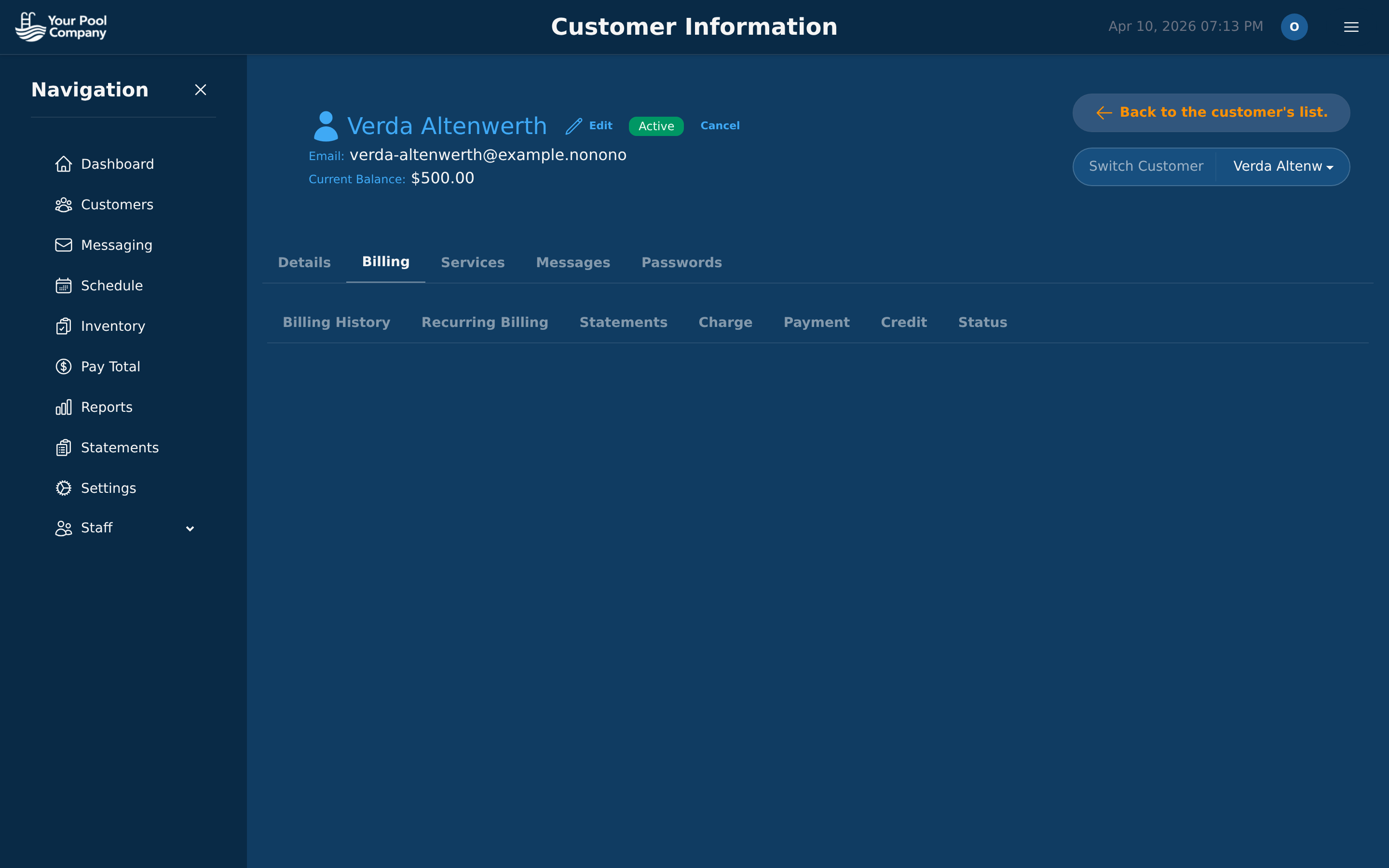 Pool Billing Program recurring billing configuration for a customer