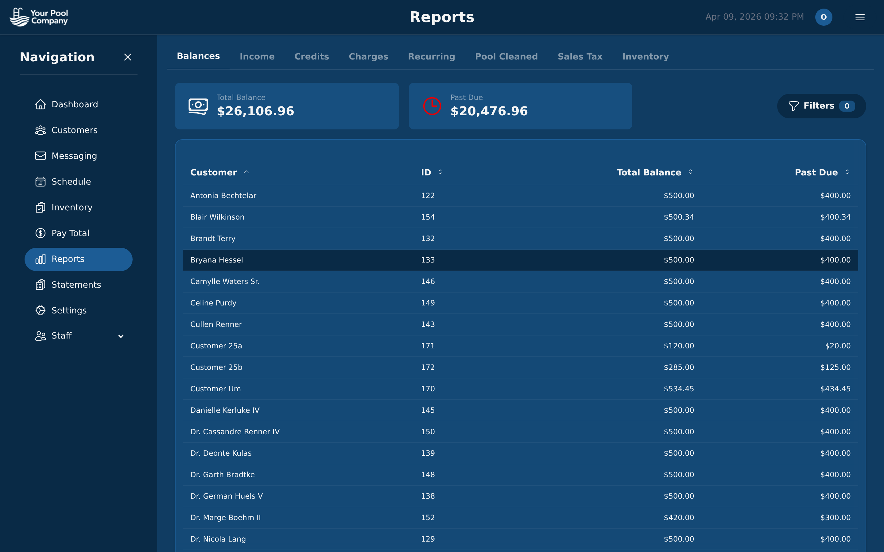 Pool Billing Program reports dashboard with financial and operational report options