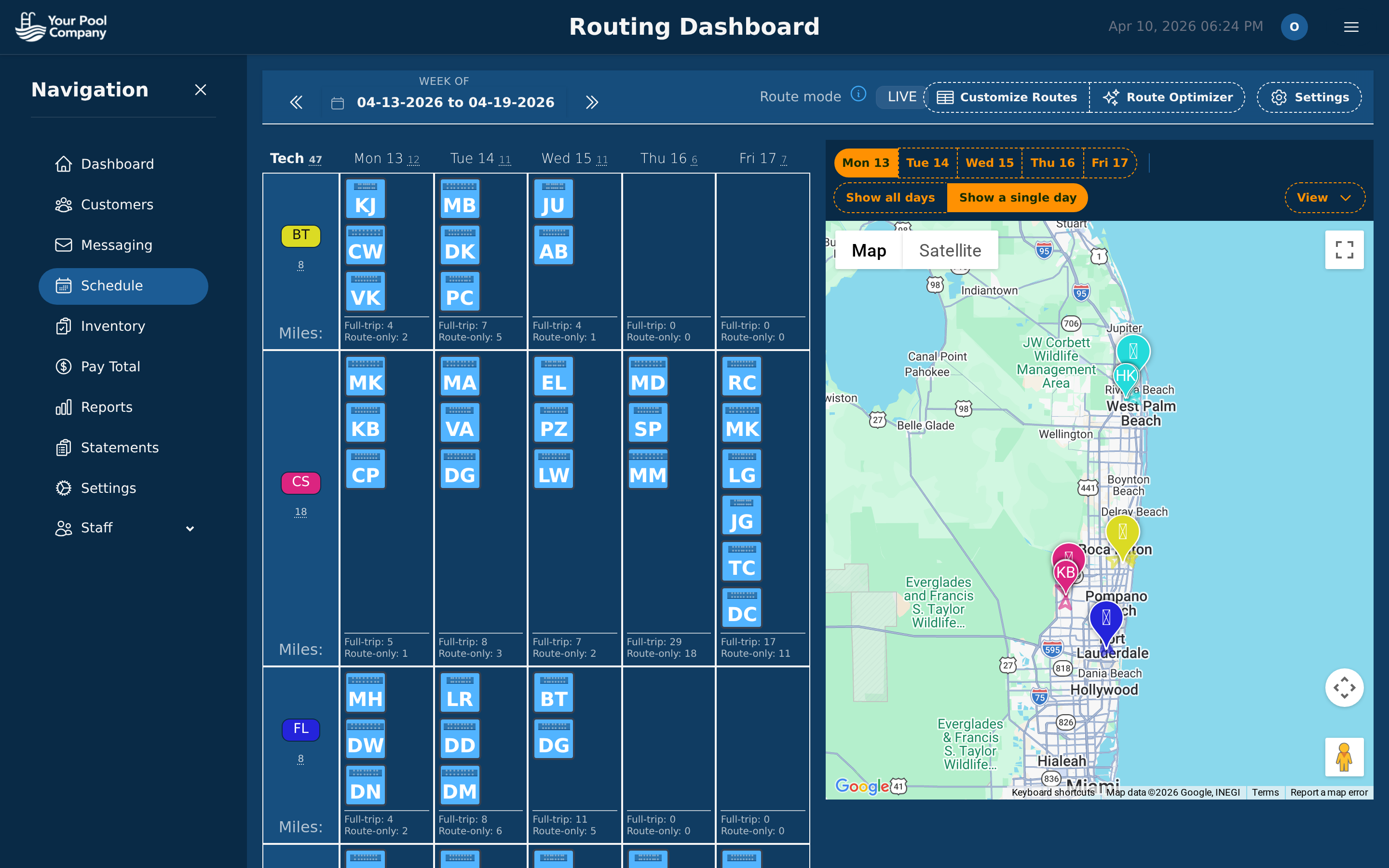 Pool Billing Program route planning screen with weekly calendar and interactive map