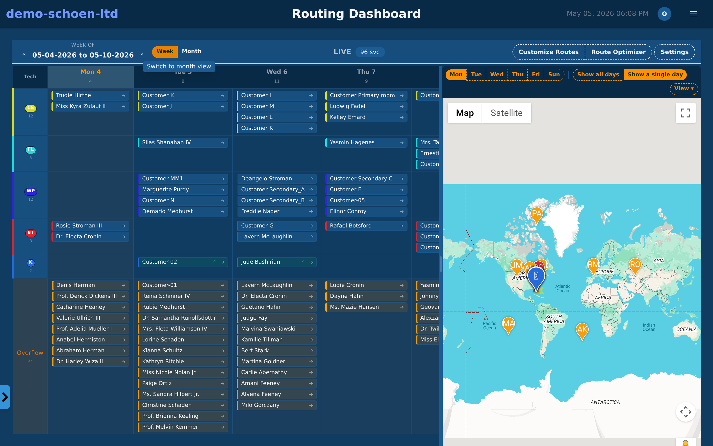 Pool Billing Program route planner with calendar grid and map pins