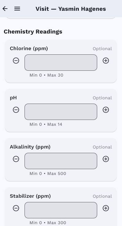 Pool Billing Program mobile chemical readings form with pH, chlorine, and alkalinity fields