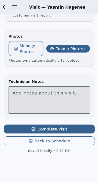 Pool Billing Program mobile photo capture and visit completion screen