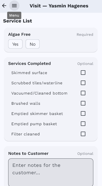 Pool Billing Program mobile service checklist with required tasks